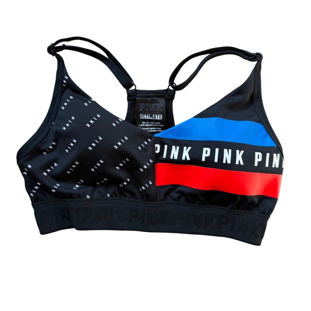 PINK Victoria's Secret‎ Sports Bra Women XS Black Colorblock Logo Lightly Lined